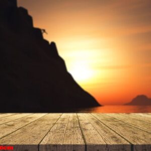 3d wooden table looking out to a rock climber climbing a large m