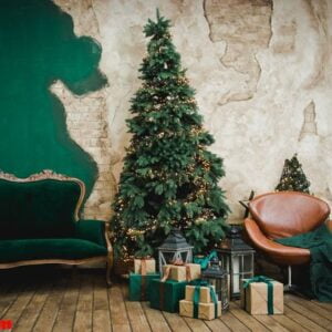 living room in retro style with a christmas decor. christmas living room with sofa, christmas tree and gifts. new year home interior background. green, brown, golden color.