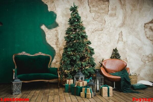 living room in retro style with a christmas decor. christmas living room with sofa, christmas tree and gifts. new year home interior background. green, brown, golden color.