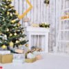 christmas interior in white and gold color with christmas tree and gifts