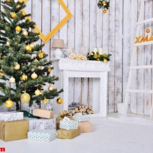 christmas interior in white and gold color with christmas tree and gifts