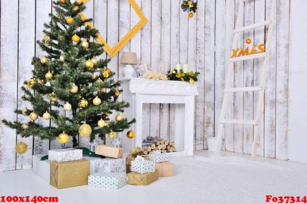 christmas interior in white and gold color with christmas tree and gifts