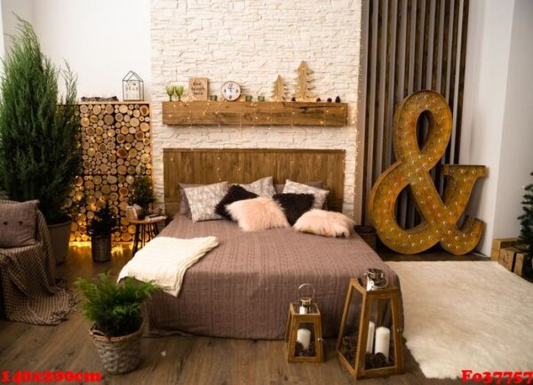 cozy bedroom interior, bed with beige cover.