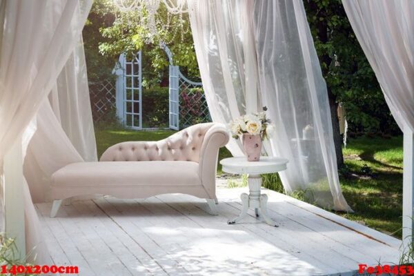 summer garden gazebo with curtains and sofa for relaxation.