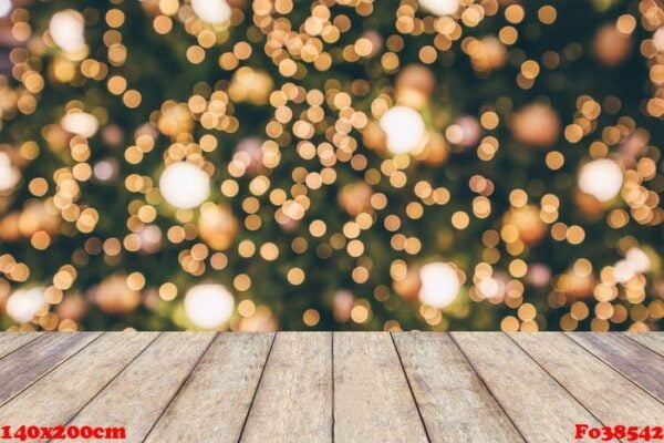 wood table top with abstract christmas holiday festive bokeh lig