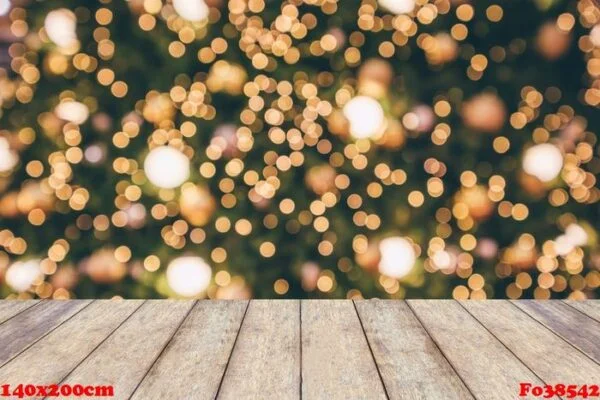 wood table top with abstract christmas holiday festive bokeh lig