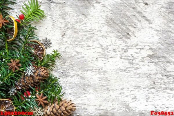 christmas background with fir tree branches, food decorations, pine cones