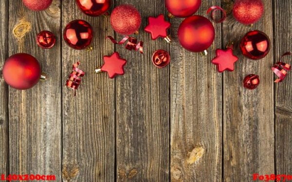 christmas background with red toys and decorations on a wooden table. christmas card. baner. flat layer. top view with copy space.