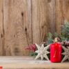 christmas greeting card. festive decoration on wooden background