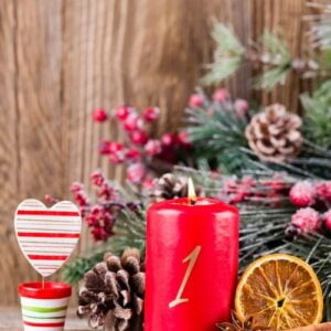 christmas greeting card. festive decoration on wooden background