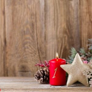 christmas greeting card. festive decoration on wooden background