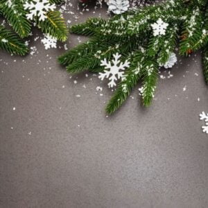 christmas or new year festive background with evergreen fir branches, pine cones and snowflakes