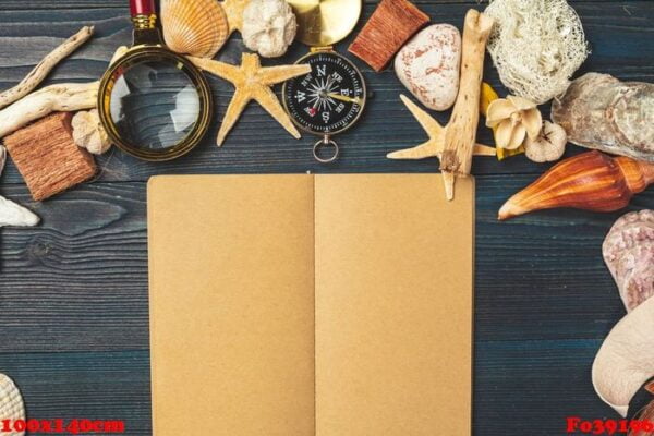 travel items on wooden table.