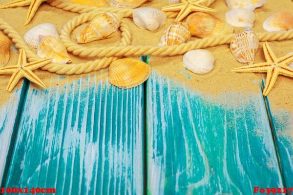 sea sand and sea shells on blue wooden floor