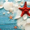 summer background red starfish and seashells on blue wooden background