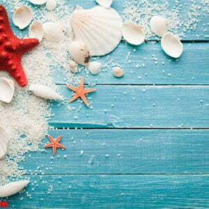 summer background red starfish and seashells on blue wooden background