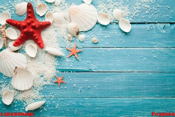 summer background red starfish and seashells on blue wooden background