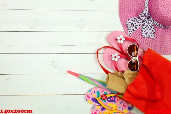 summer objects of lady hat,flip flops,umbrella,towel with sungla