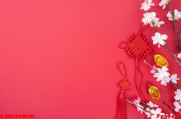 design concept of chinese lunar new year beautiful chinese knot with plum blossom isolated on red background, flat lay, top view, overhead layout.