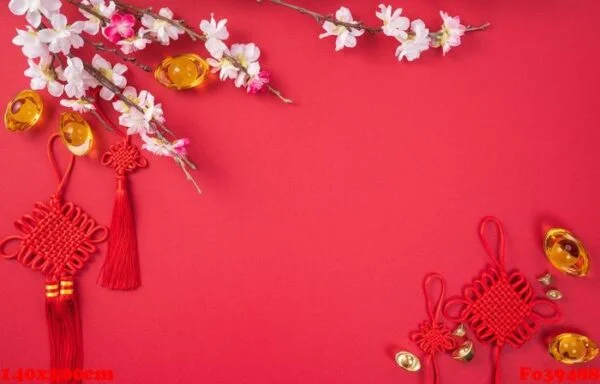 design concept of chinese lunar new year beautiful chinese knot with plum blossom isolated on red background, flat lay, top view, overhead layout.