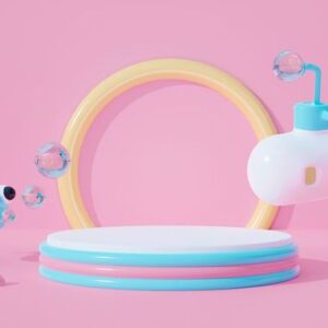 3d podium on pastel background abstract water. submarine cartoon kid and fish.