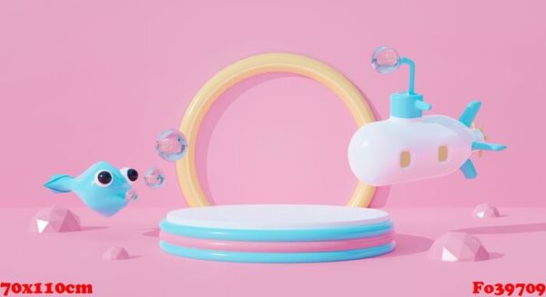 3d podium on pastel background abstract water. submarine cartoon kid and fish.