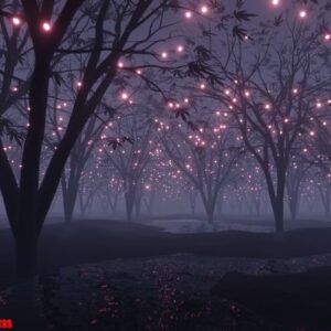 abstract glowing particle sparkles on alien planet landscape forest 3d rendering