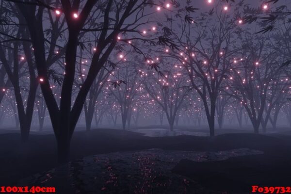 abstract glowing particle sparkles on alien planet landscape forest 3d rendering