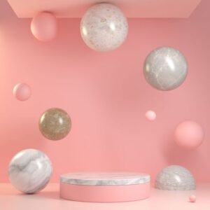 abstract pink background podium with marble floating to ceiling 3d render