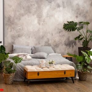 bedroom interior with green plants, pillows.