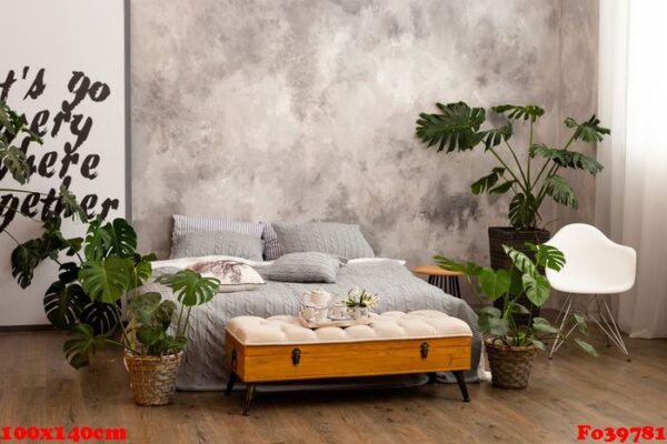 bedroom interior with green plants, pillows.