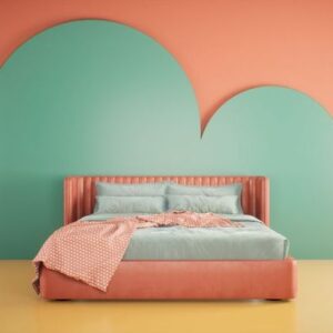 bedroom mock up in stylish interior with peach and green wall, 3