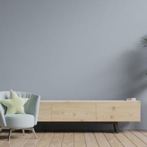 cabinet tv in modern living room,interior of a bright living room with armchair on empty gray wall background.