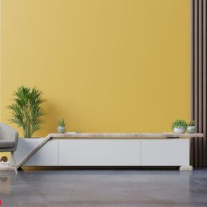 cabinet tv in modern living room with armchair,lamp,table,flower and plant on yellow wall background.