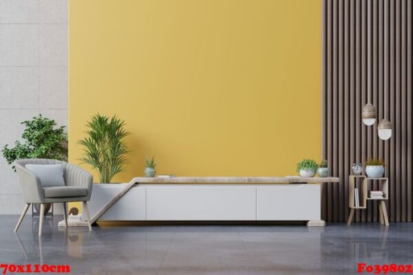 cabinet tv in modern living room with armchair,lamp,table,flower and plant on yellow wall background.