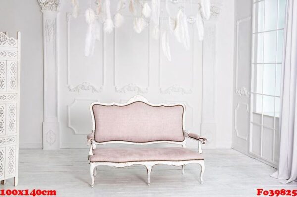 classical white interior with pink sofa.