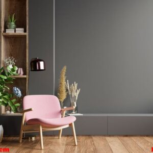 colorful interior with a pink armchair on empty dark wall background.