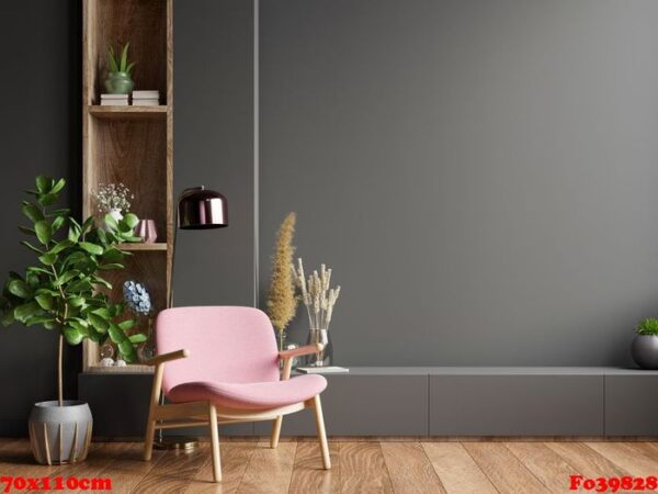 colorful interior with a pink armchair on empty dark wall background.