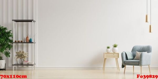 colorful interior with a pink armchair on empty white wall background.