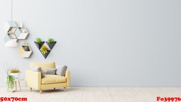 the interior has a yellow armchair on empty gray wall background.