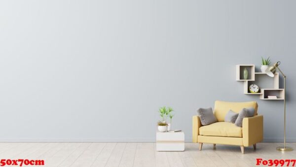 the interior has a yellow armchair on empty gray wall background.