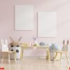 mock up poster in the children's bedroom in pastel colors on empty pink wall background.