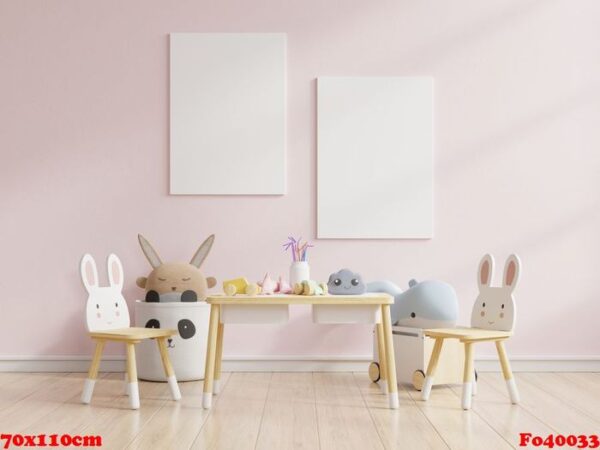 mock up poster in the children's bedroom in pastel colors on empty pink wall background.