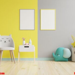 mock up poster frame in children room on yellow illuminating and ultimate gray wall background.