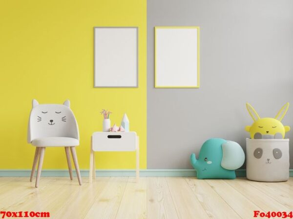 mock up poster frame in children room on yellow illuminating and ultimate gray wall background.