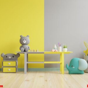 mockup wall in the children's room on yellow illuminating and ultimate gray wall background.