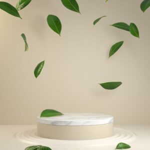 natural product podium with beige background and falling green leaves 3d render