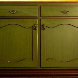 old green vintage kitchen cupboard close up, antique retro desing of closet doors background tecxture stylish