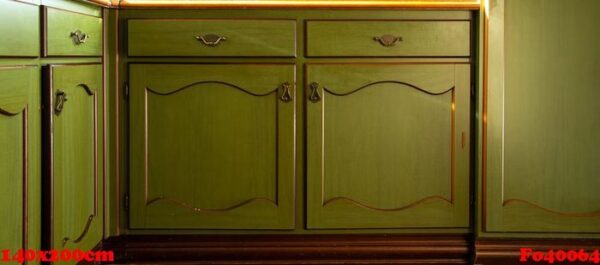 old green vintage kitchen cupboard close up, antique retro desing of closet doors background tecxture stylish