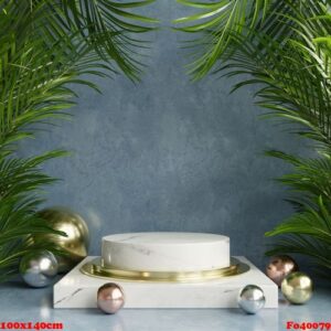 podium display with tropical leaf background/wall green.